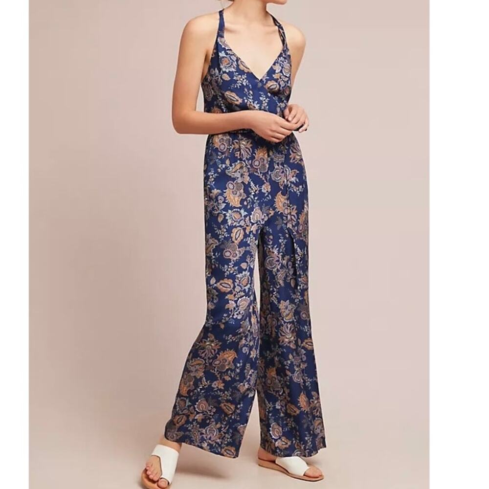 Anthropologie Ett:twa Blue Paisley Belted Wide Leg Womens Jumpsuit Small - Picture 1 of 12